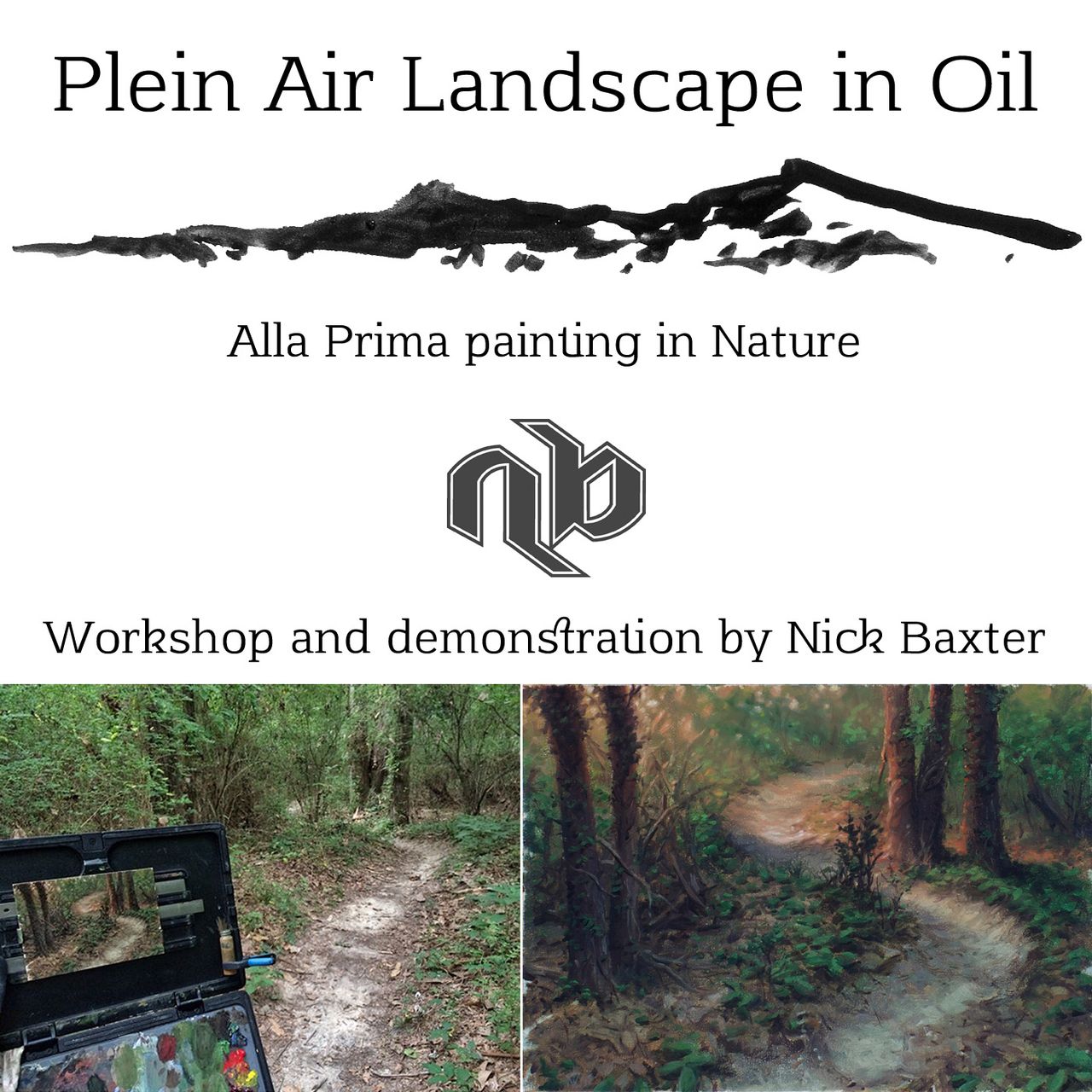 Plein Air Landscape in Oil workshop poster with an on-location easel setup and finished landscape painting