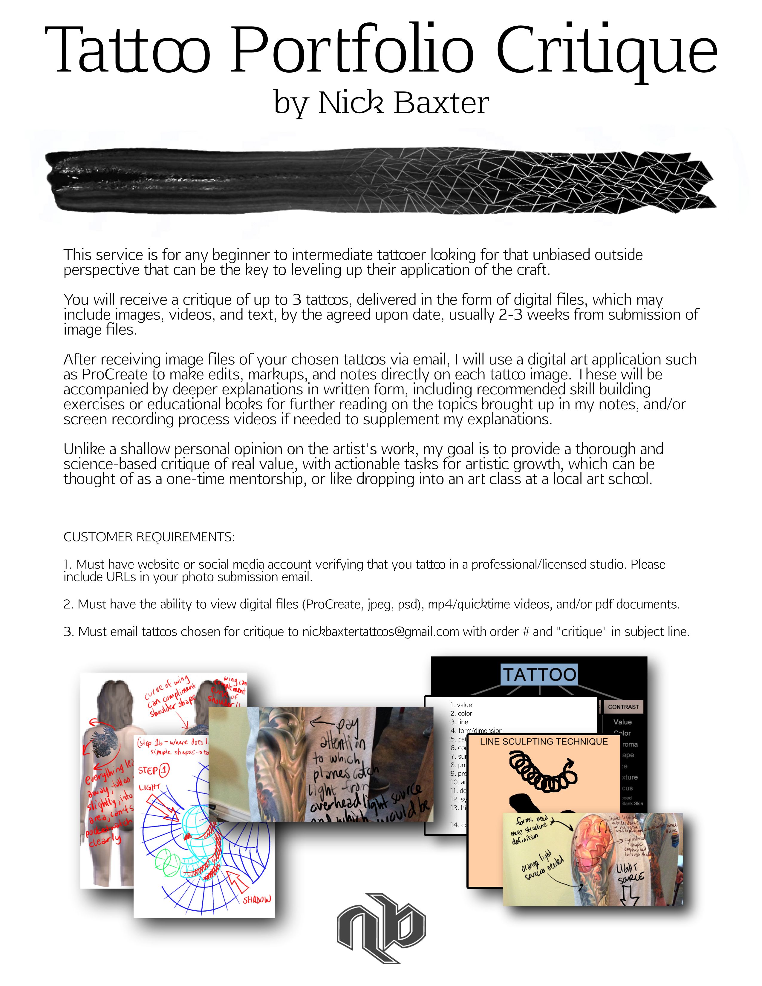 Overview sheet for Nick Baxter’s Tattoo Portfolio Critique service with annotated example markups