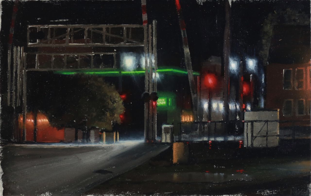 Realistic cityscape oil painting by Nick Baxter of a view of downtown Fargo North Dakota at night under bright glowing incandescent and neon lights, with train crossing intersection in the foreground.