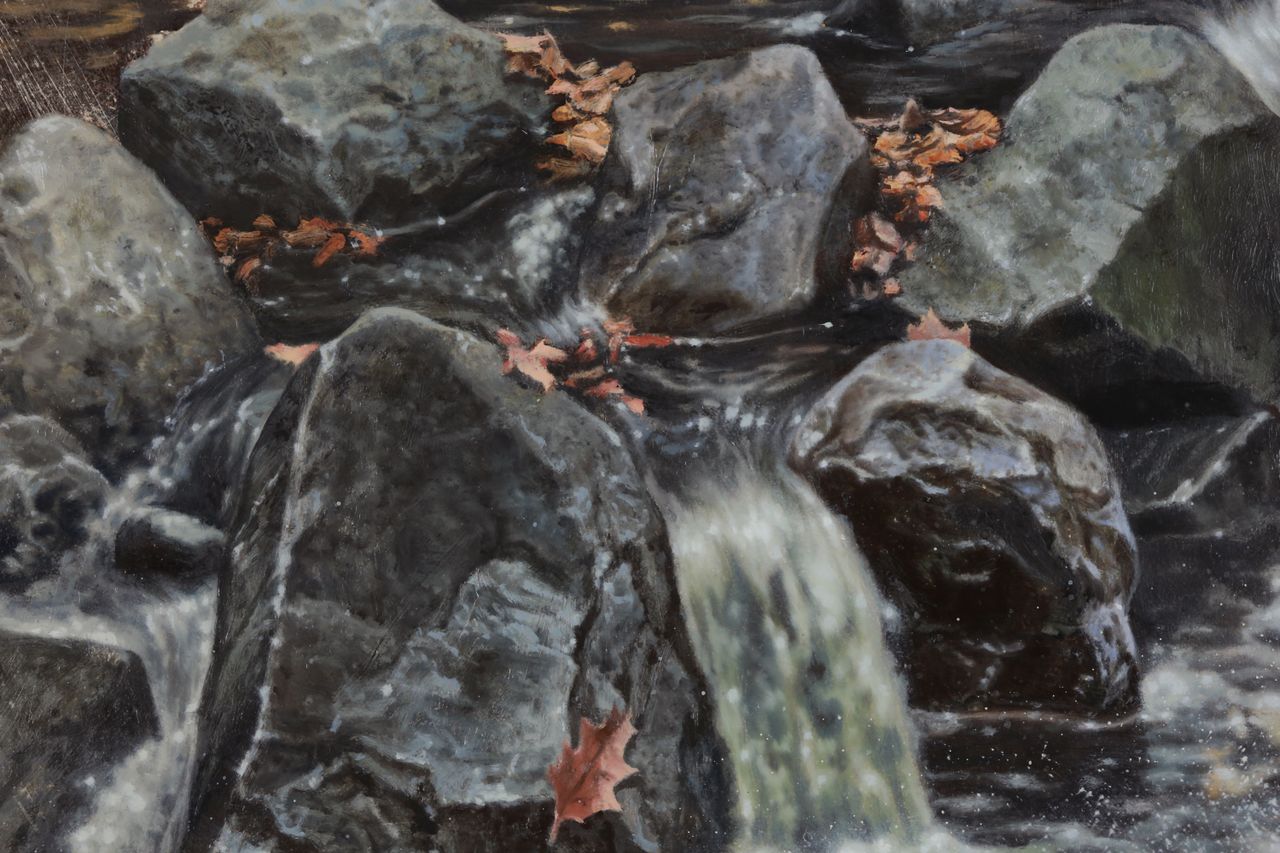 Landscape oil painting by Nick Baxter of dark flowing creek water and jagged rocks with fall leaves floating depicting sligo creek in silver spring, maryland.