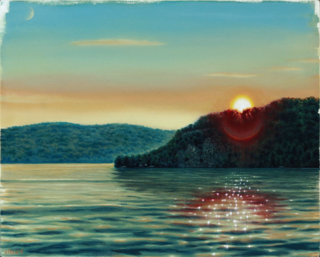 Colorful sunset oil painting with glowing sun setting behind a dark green hill and lake water with reflected sparkles