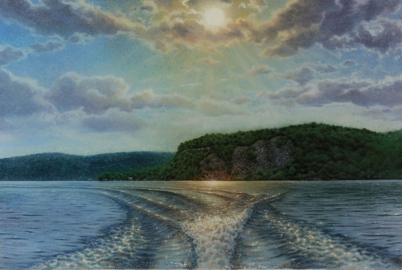 oil painting of a glowing sun in a bright blue sky with dark clouds and green hiils underneath framing a lake with boat wake rippling