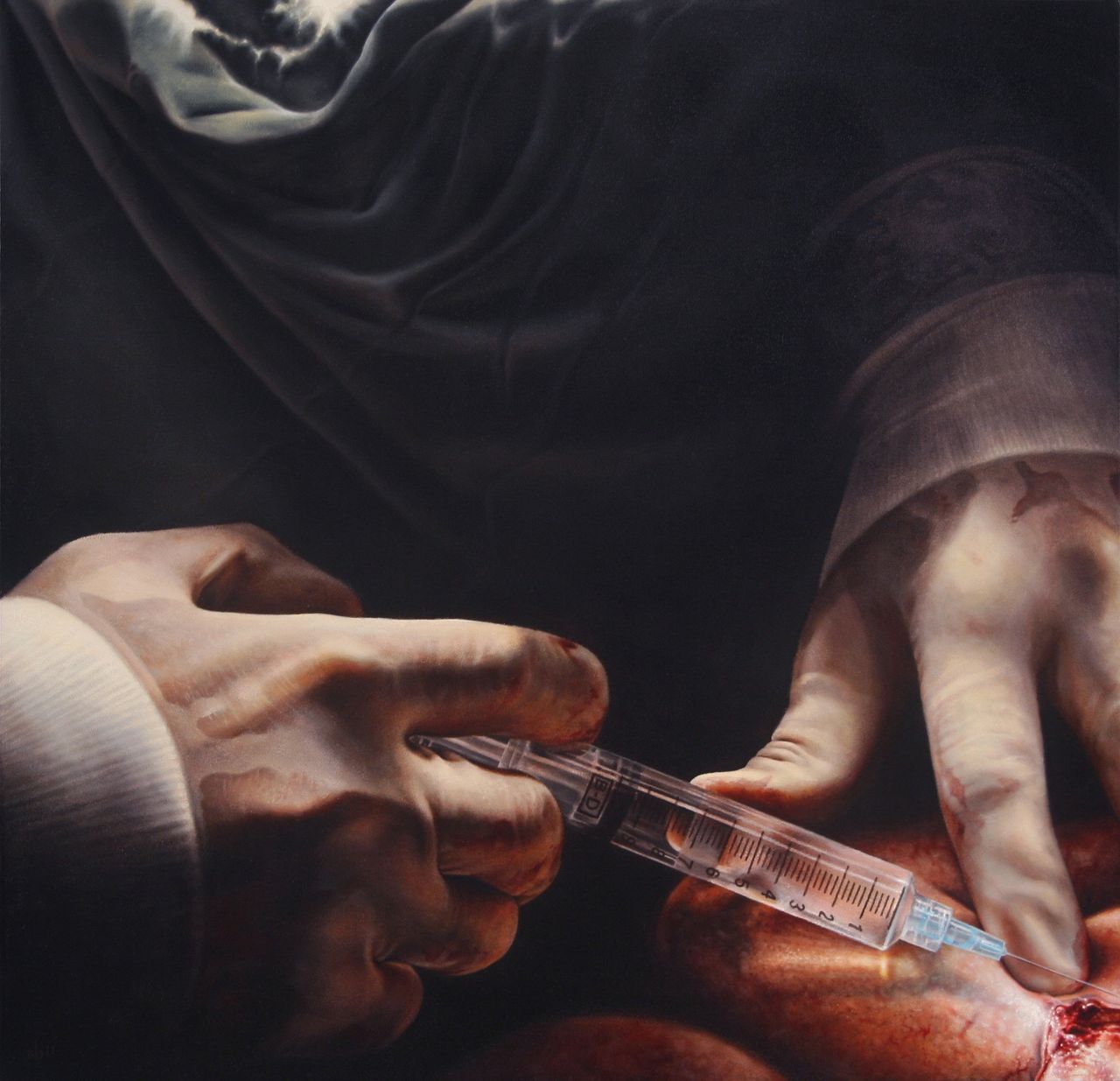 oil painting of surgeon hands with latex gloves holding syringe with ambiguous looking fleshy surgical scene and black background by nick baxter in austin texas