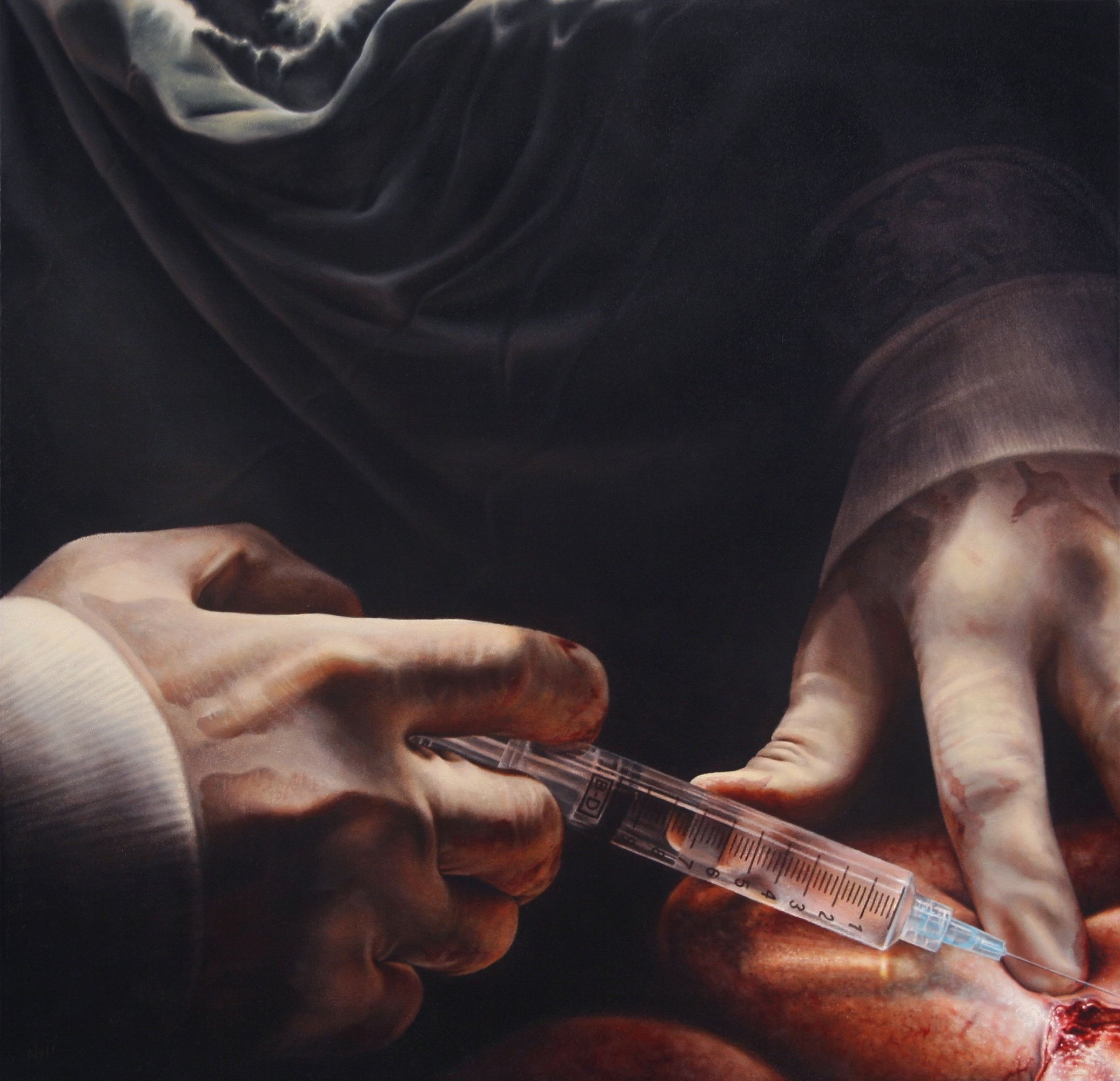 oil painting of surgeon hands with latex gloves holding syringe with ambiguous looking fleshy surgical scene and black background by nick baxter in austin texas