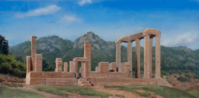 Small landscape painting of sandstone ruins with tall columns against green rocky hills and a vivid blue, cloud-streaked sky.