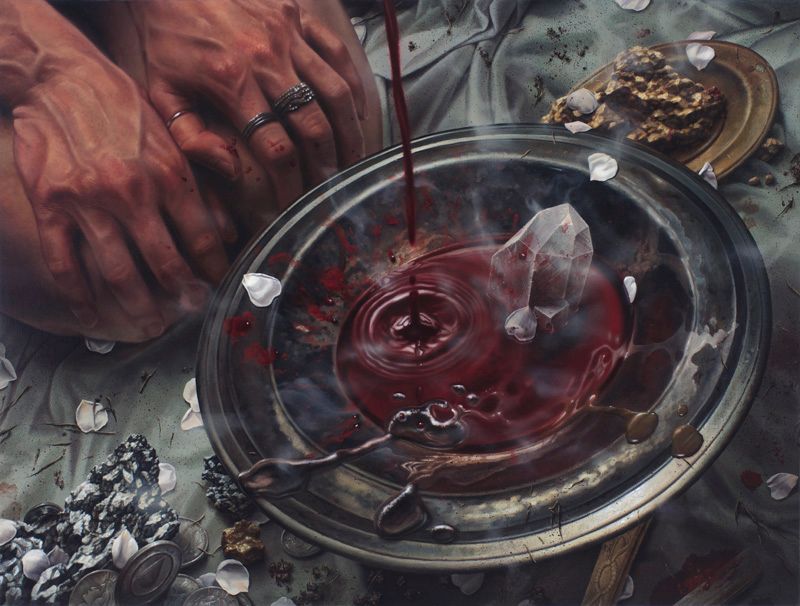 oil painting of kneeling woman with hands on knees in front of a bowl of blood with alchemical objects and stream of blood falling into the bowl by nick baxter in austin texas