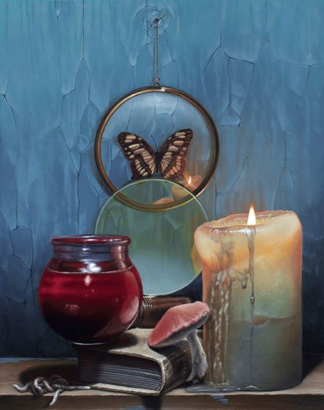 Still life of a butterfly beneath a magnifying glass, with a burning candle, jar of blood, mushroom, and closed book against blue.