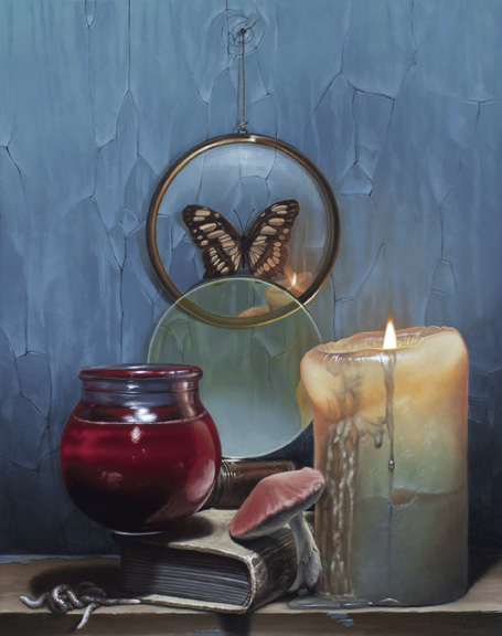 Still life of a butterfly beneath a magnifying glass, with a burning candle, jar of blood, mushroom, and closed book against blue.