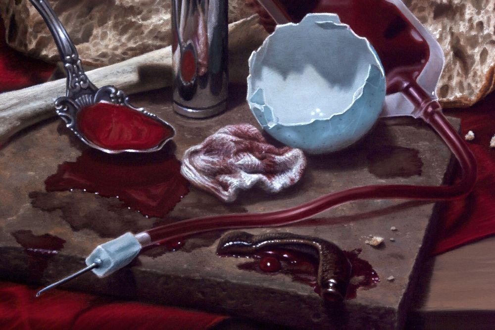 baroque dark classical realism still life painting of a banquet table with candles and bloodletting instruments by artist nick baxter in austin texas
