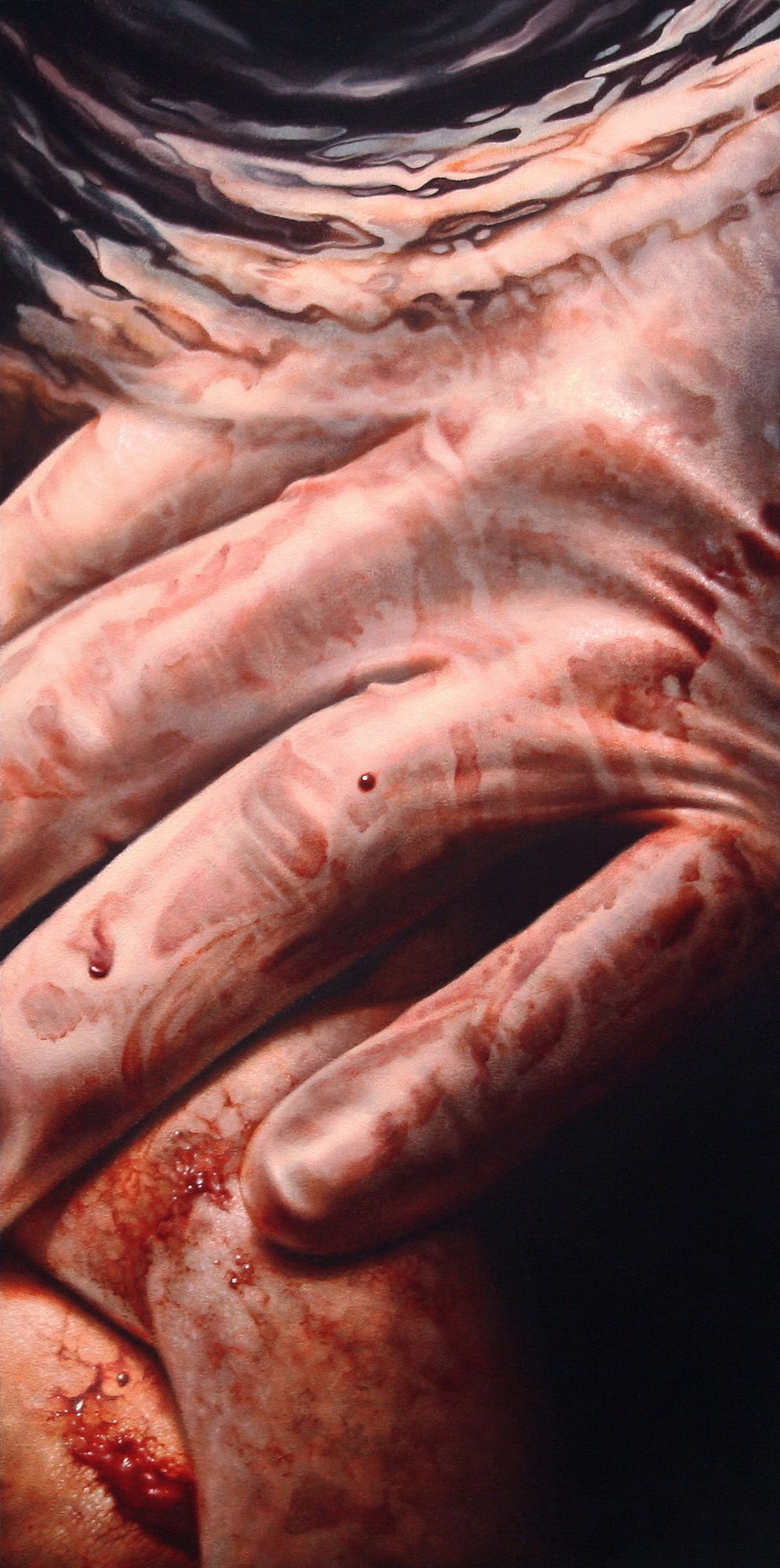 A close vertical view of gloved surgeon's hands beneath rippling dark water, with overlapping limbs and reddish marks across wet skin.