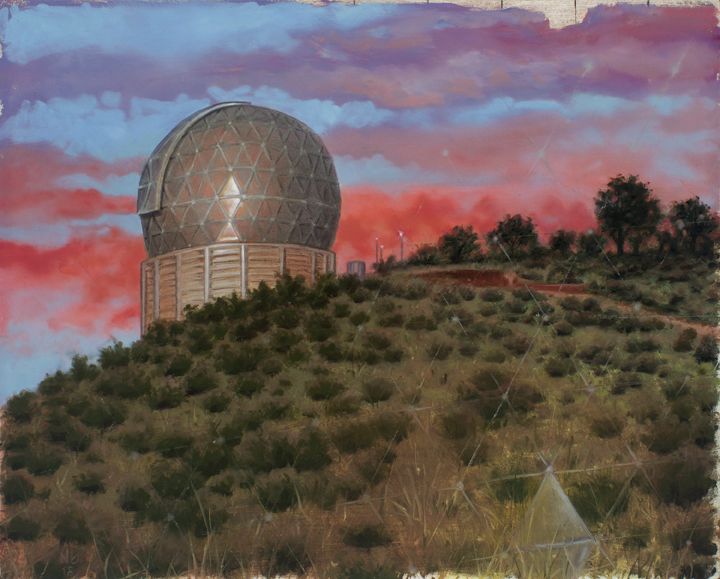 A geodesic astronomical observatory dome crowns a scrub-covered hillside beneath layered blue, purple, and vivid red clouds.