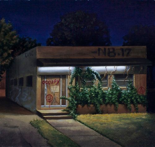 Square nighttime painting of a small graffiti-marked building, brightly lit beneath its awning and partly obscured by dense shrubs.