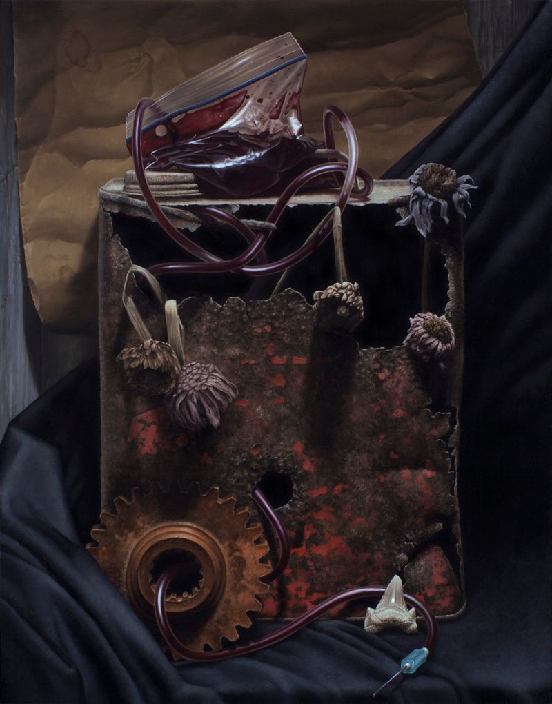 A dark still life shows a blood-filled plastic bag and looping tubes atop a rusted metal gas can, with dried flowers, shark tooth, and a machine gear.