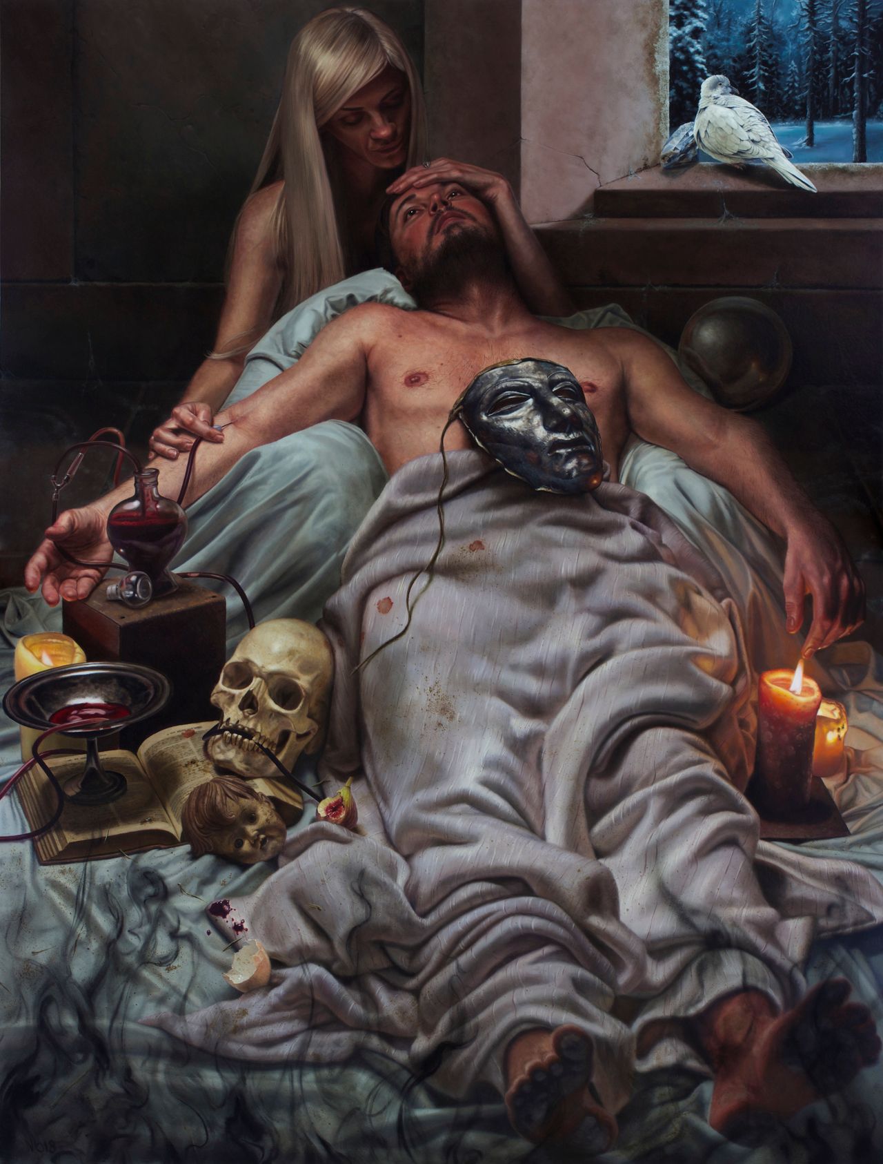 A dark interior shows a shirtless reclining man cradled by a blonde woman surrounded by various symbolic ephemera, dark mask, skull, tubing, candles, and white bird perched in a window showing a blue snowy landscape.