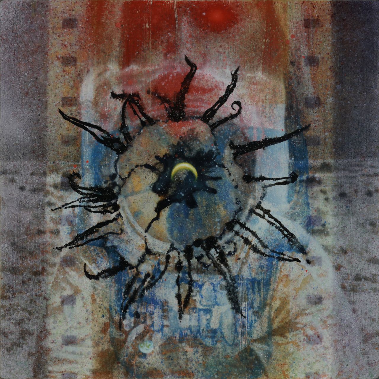 Surreal oil painting of a queen of the night flower, with planets, a woman's face, an Apollo astronaut on the moon, and a human skull with a camera film strip by Austin Texas artist Nick Baxter