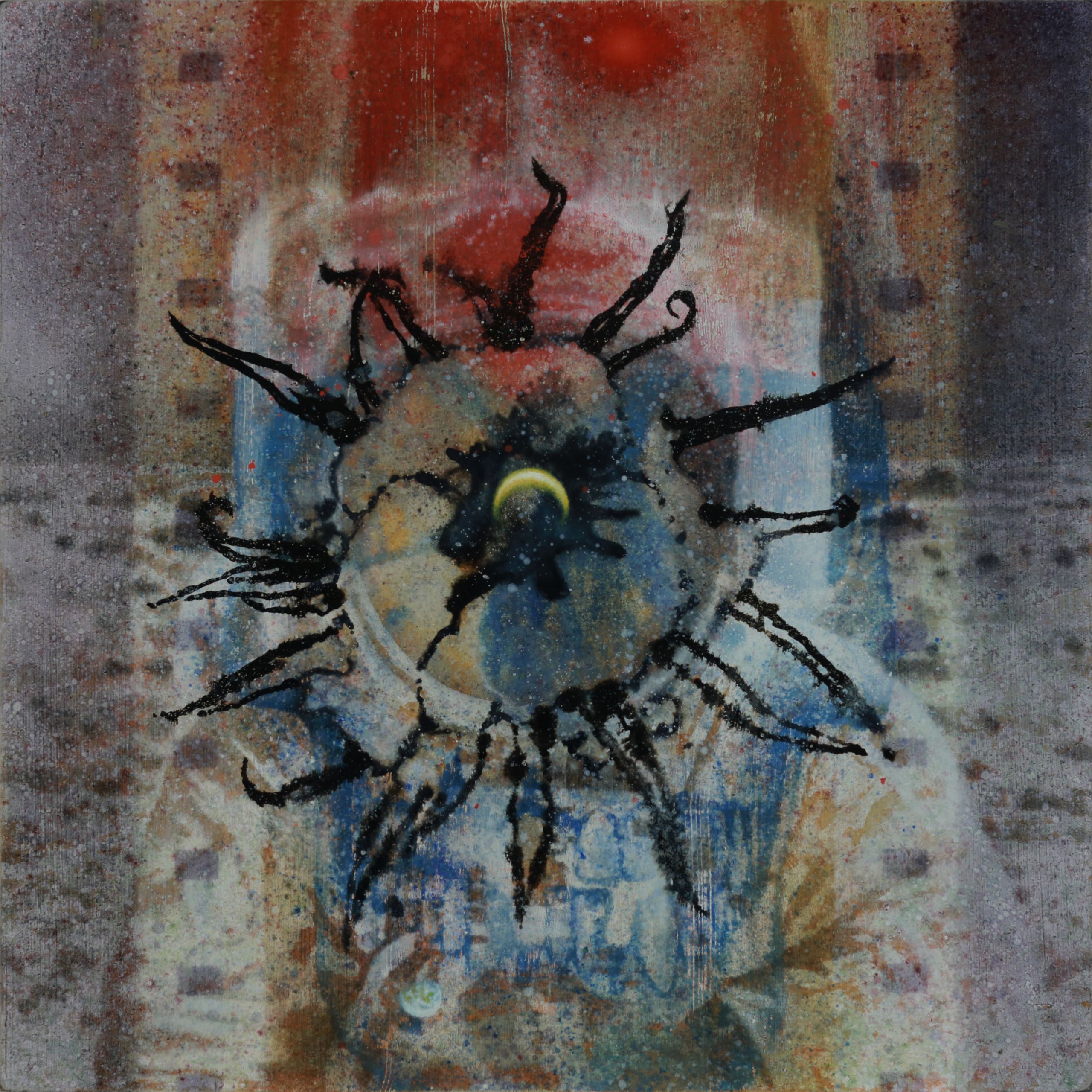 Surreal oil painting of a queen of the night flower, with planets, a woman's face, an Apollo astronaut on the moon, and a human skull with a camera film strip by Austin Texas artist Nick Baxter