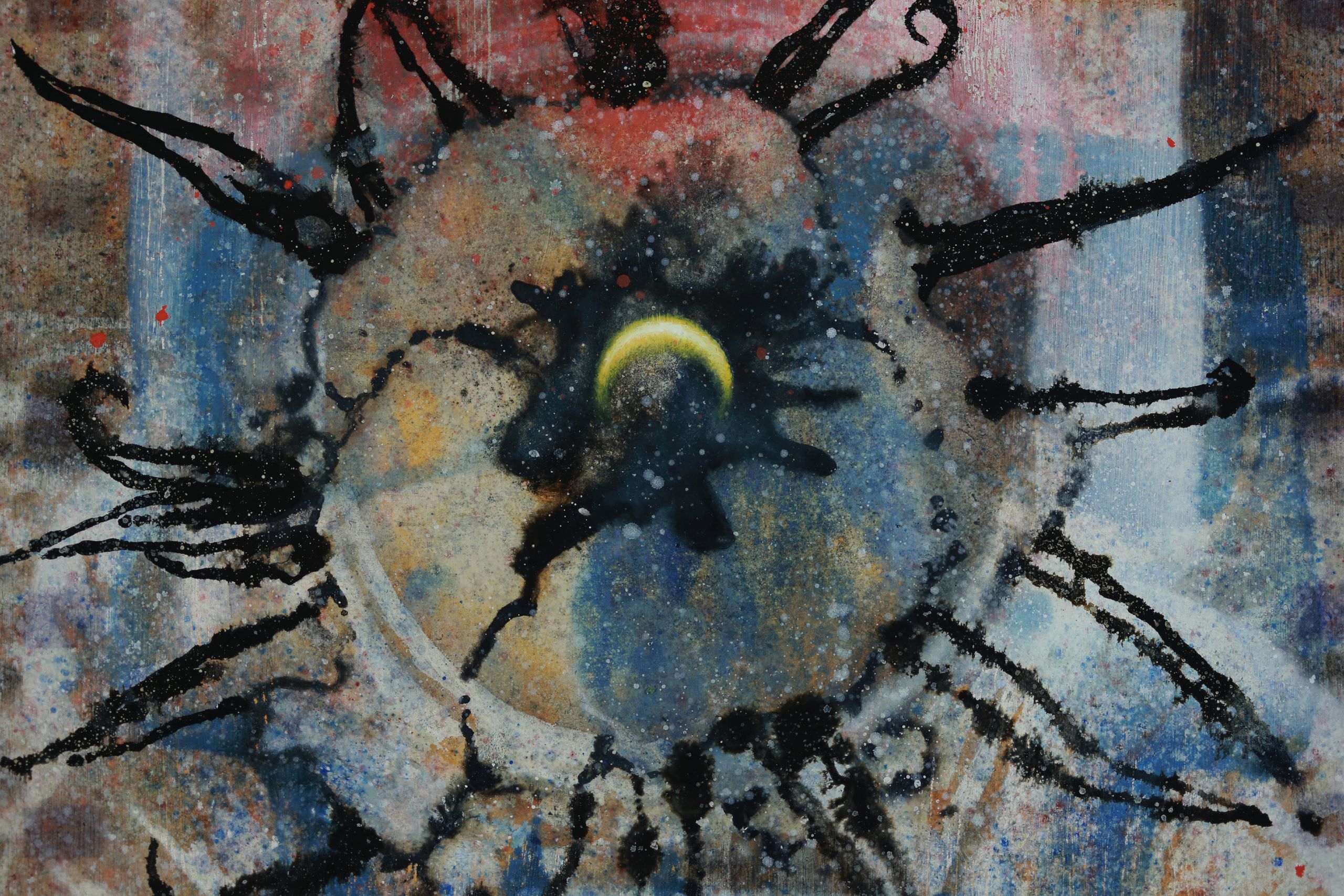 Surreal oil painting of a queen of the night flower, with planets, a woman's face, an Apollo astronaut on the moon, and a human skull with a camera film strip by Austin Texas artist Nick Baxter