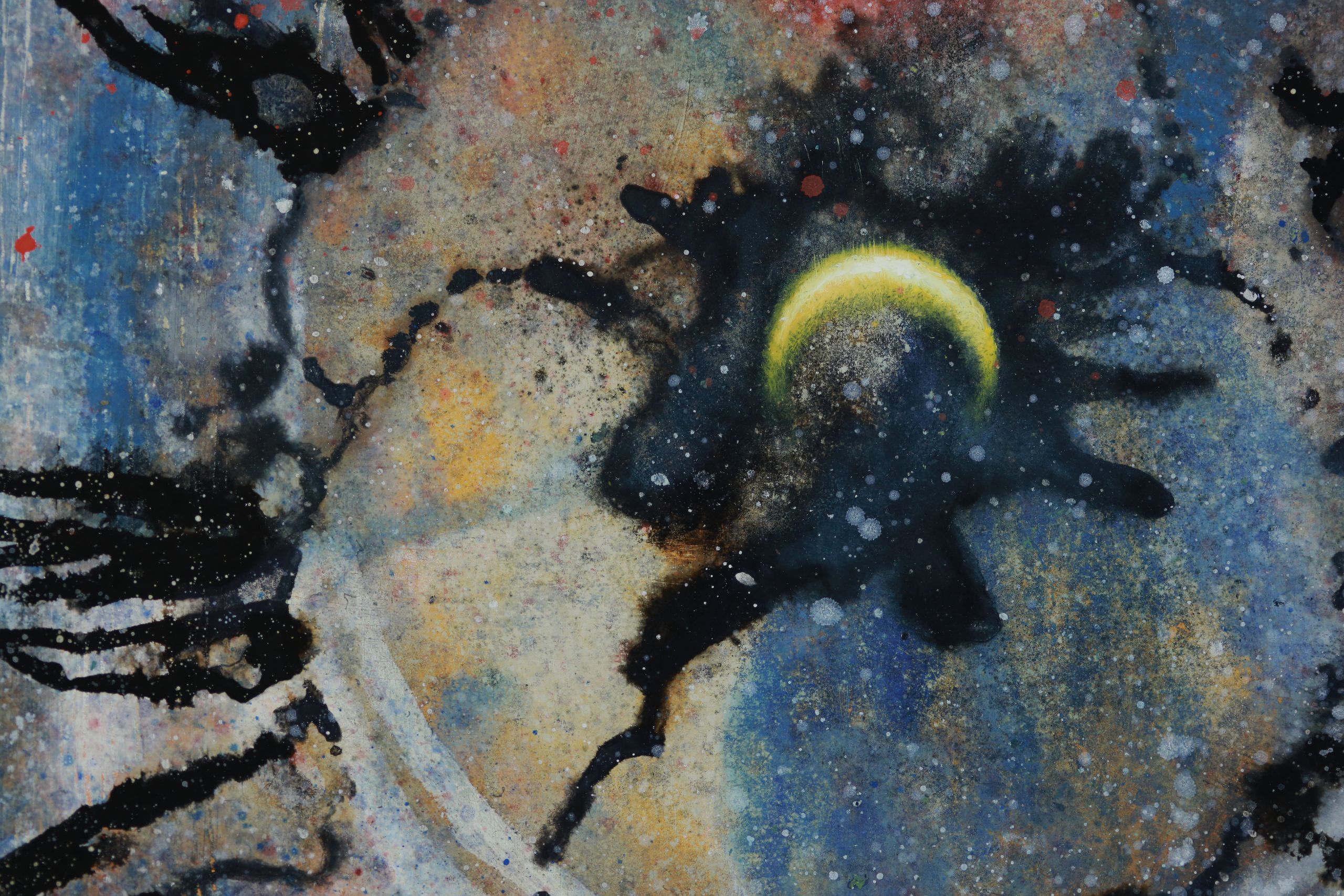 Surreal oil painting of a queen of the night flower, with planets, a woman's face, an Apollo astronaut on the moon, and a human skull with a camera film strip by Austin Texas artist Nick Baxter