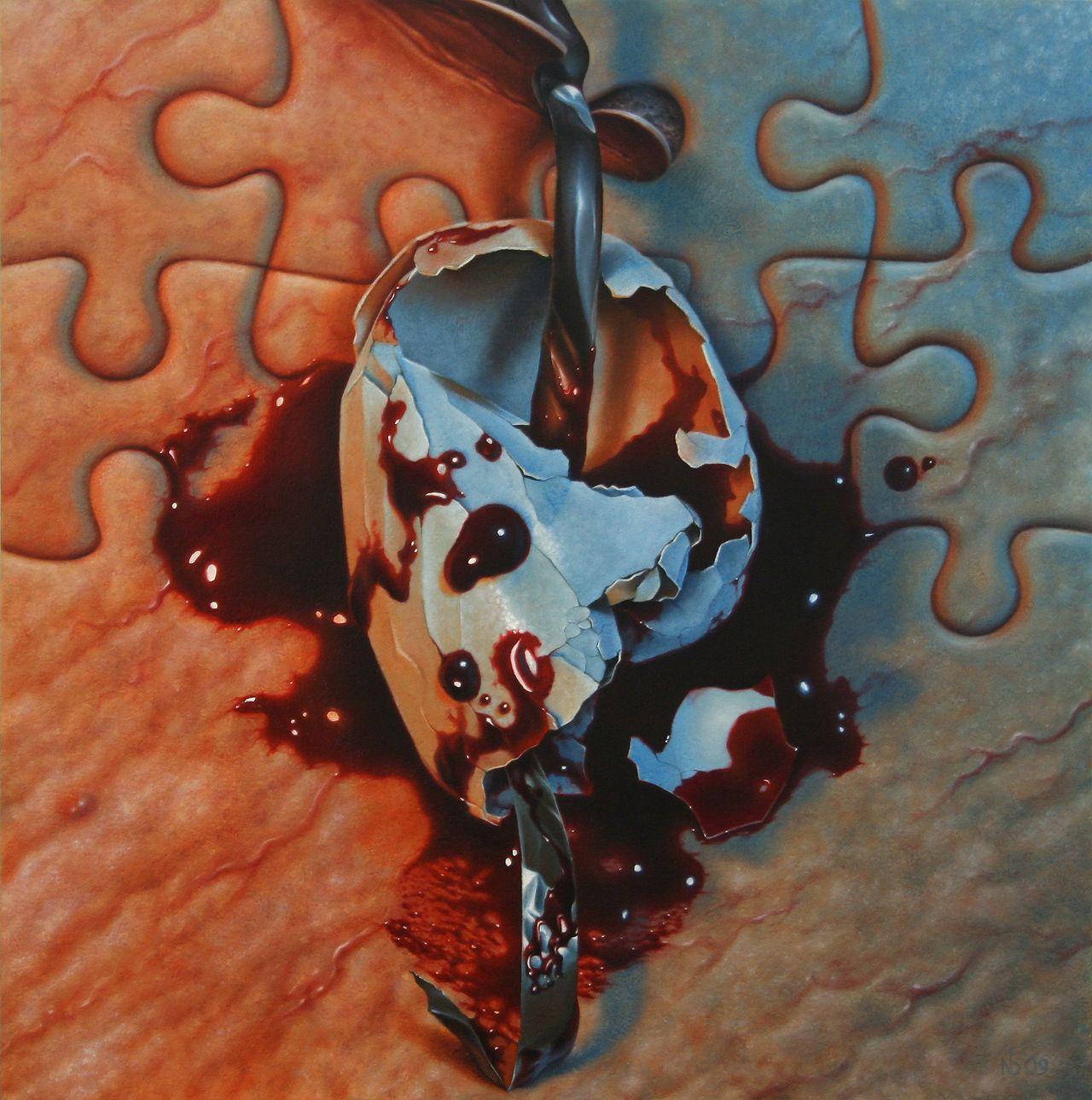 A cracked egg spills dark red blood across interlocking orange and blue puzzle pieces carved into skin, crossed vertically by twisted black audio tape strips.