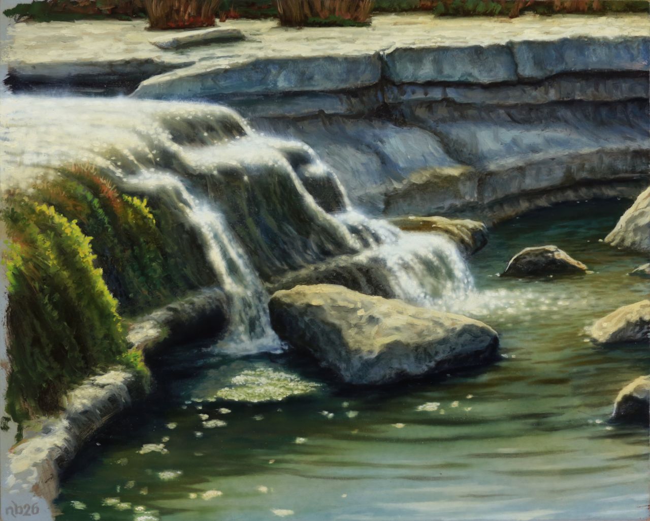 Sparkling waterfall with rocky cliff and green moss in austin texas by landscape painter Nick Baxter