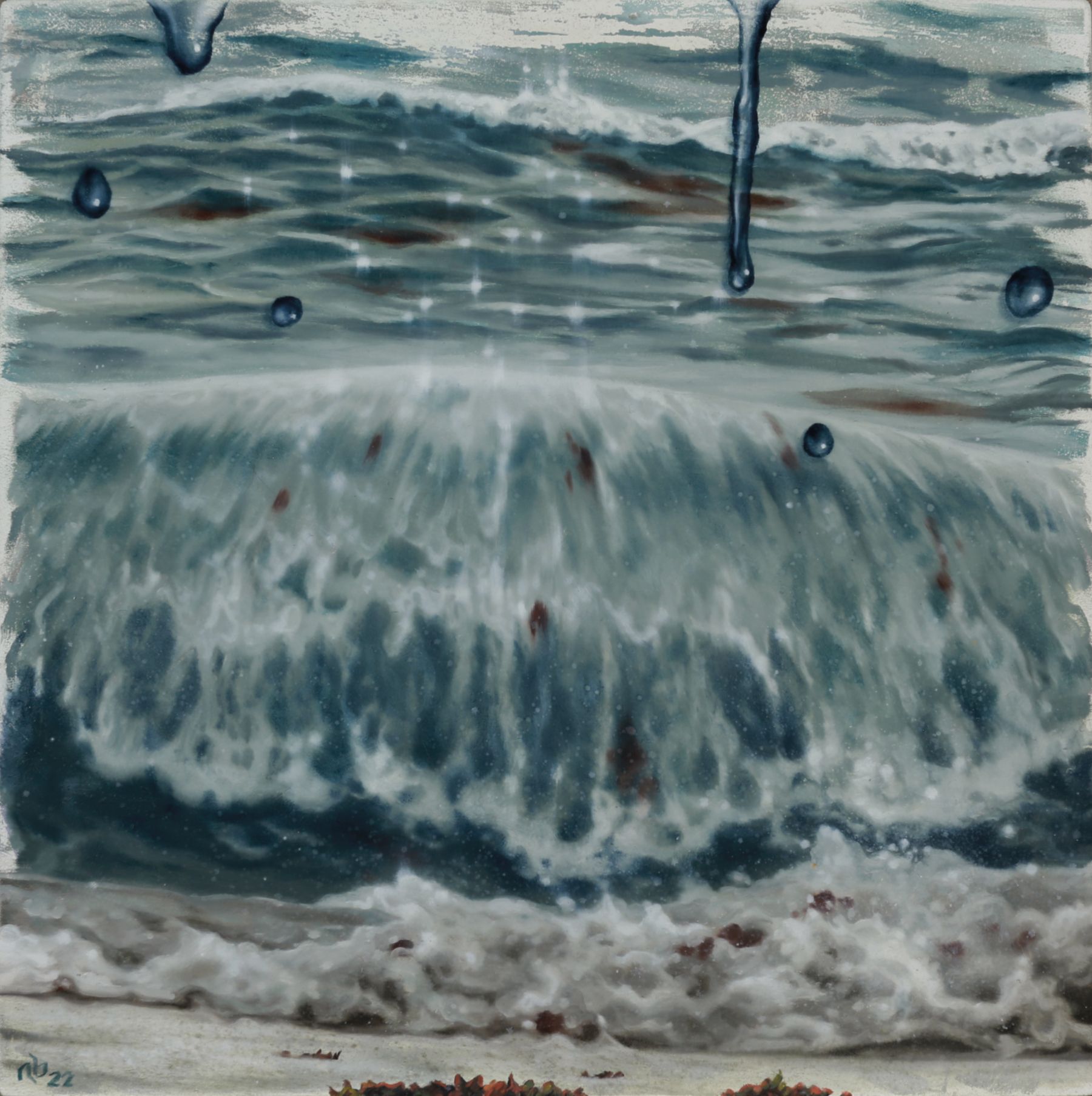 Close view of a blue-green ocean wave breaking into white foam, overlaid with suspended dark droplets and scattered reddish-brown marks.