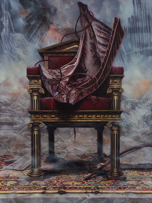 A large skinned carcass tangled in blood collection tubes slumps across an ornate red and gold throne amid smoky rubble and a patterned oriental rug.