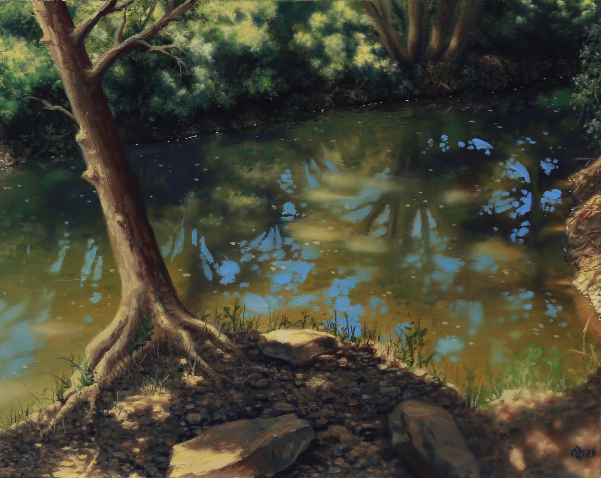 Oil painting of a shaded creek reflecting blue sky and dense green trees, framed by a prominent foreground trunk and rocky bank.