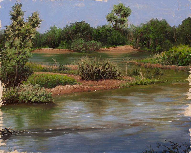 Oil painting of a winding green-blue river bordered by sandy banks, dense shrubs, grasses, and trees beneath a pale blue sky.