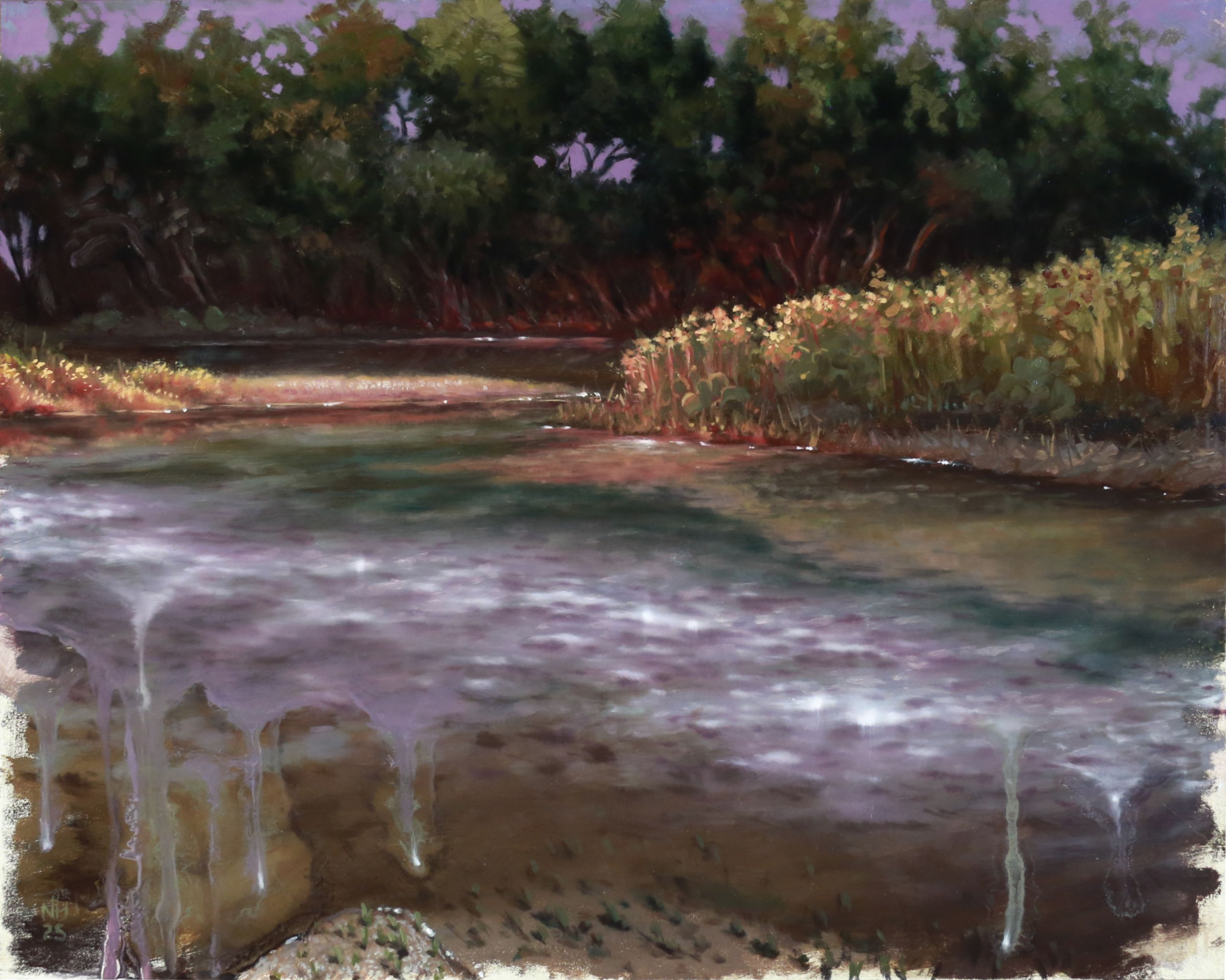 Landscape plein air oil painting of the colorado river in austin texas by Nick Baxter