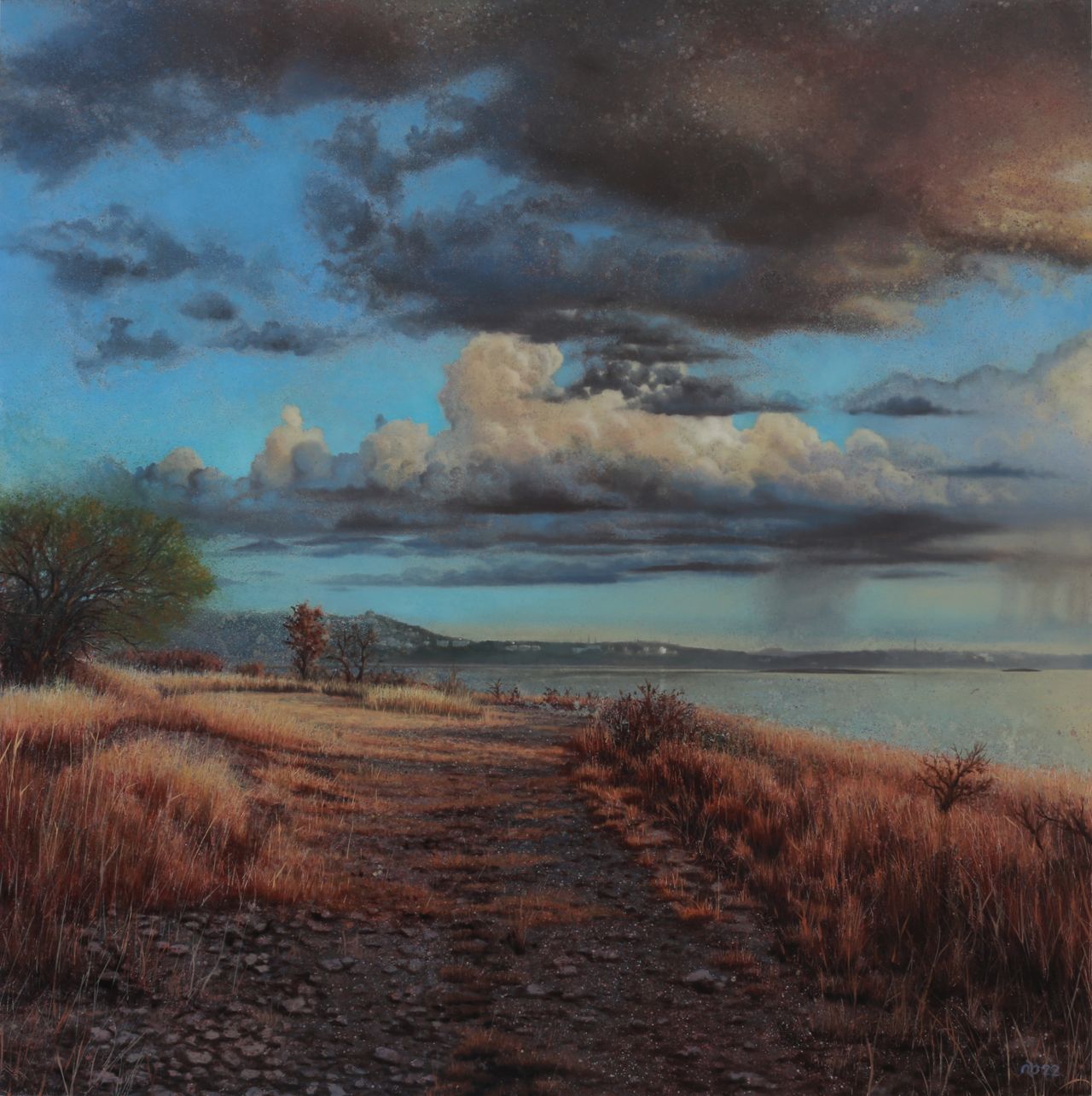 A rocky path crosses rust-colored grasses toward blue water beneath towering dark clouds and patches of bright turquoise sky.