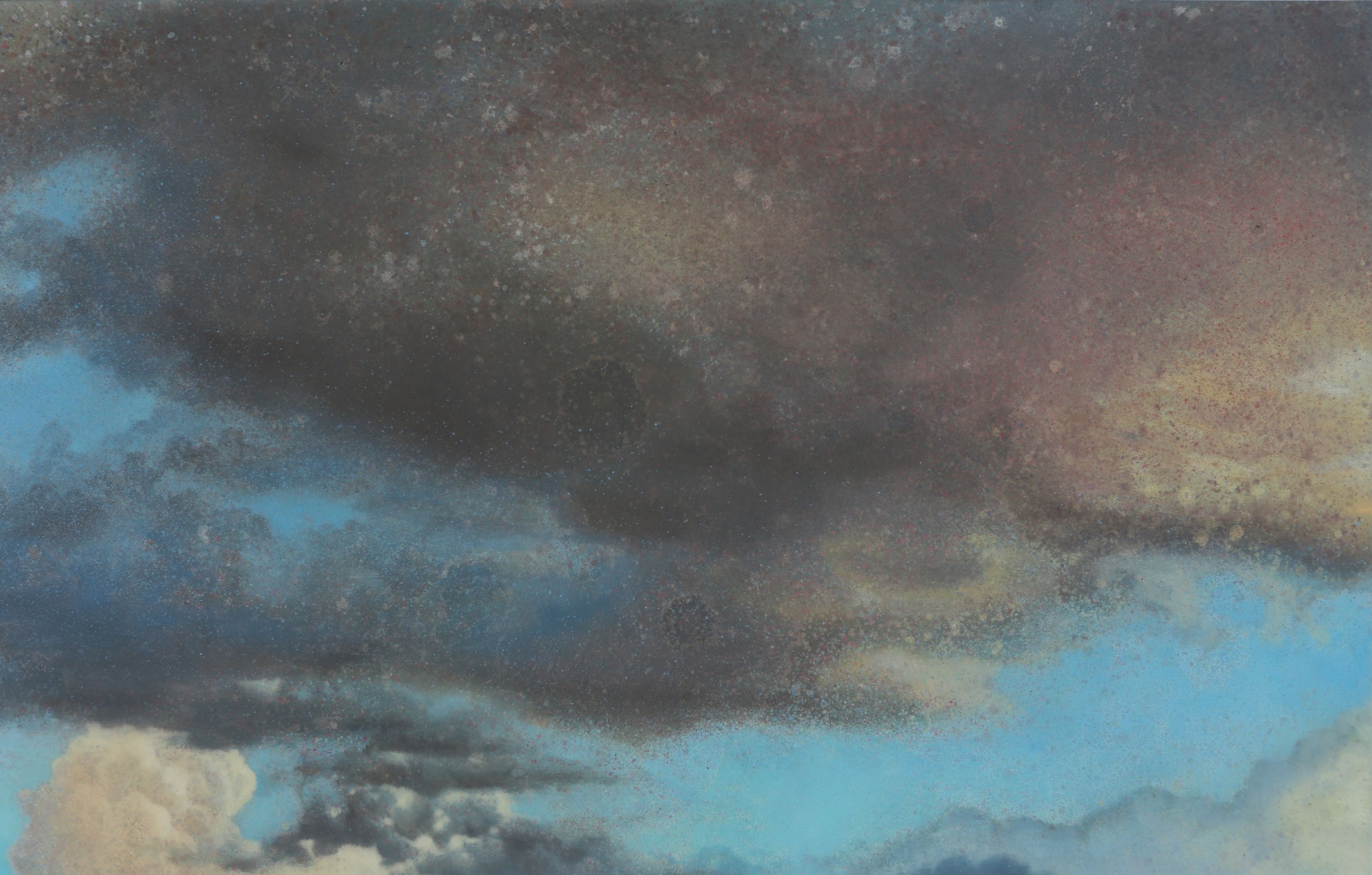 Close detail of a landscape painting with mottled charcoal clouds, turquoise-blue passages, pale beige clouds, and scattered red and blue speckles.