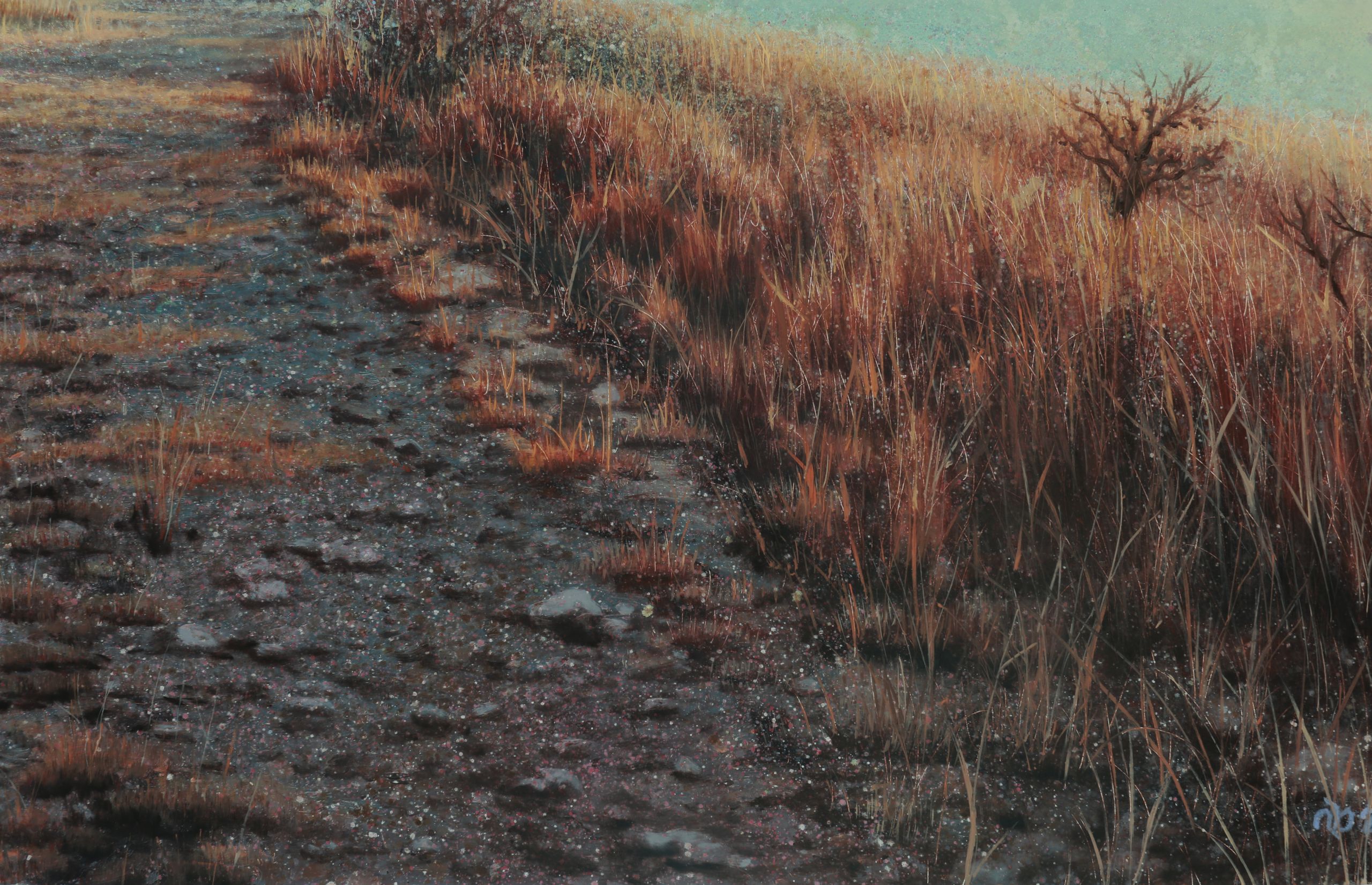 Close detail of layered horizontal bands and grasslike strokes in rust, black, ochre, and pale turquoise, speckled with pink and white.