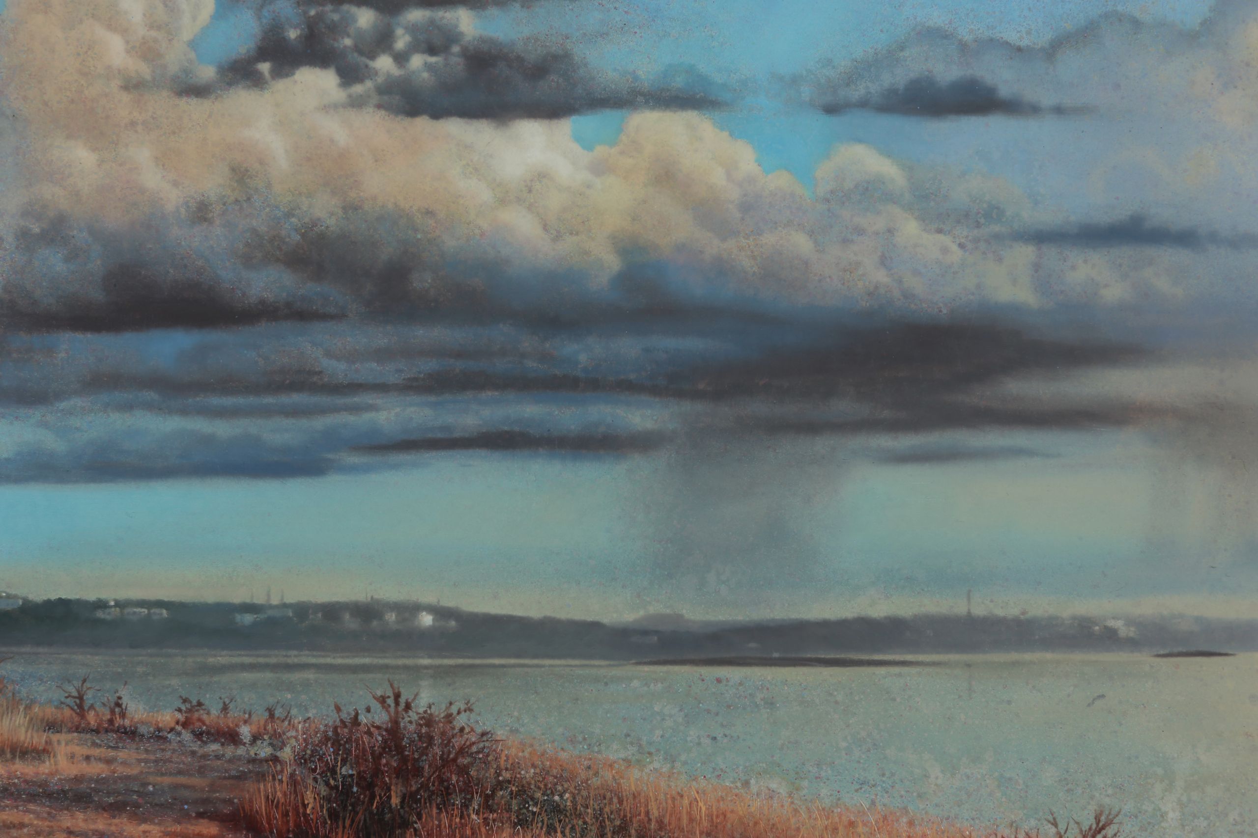 Textured painting of layered blue-grey clouds and water, with dark horizontal bands and rust-coloured grasses lining the foreground shore.