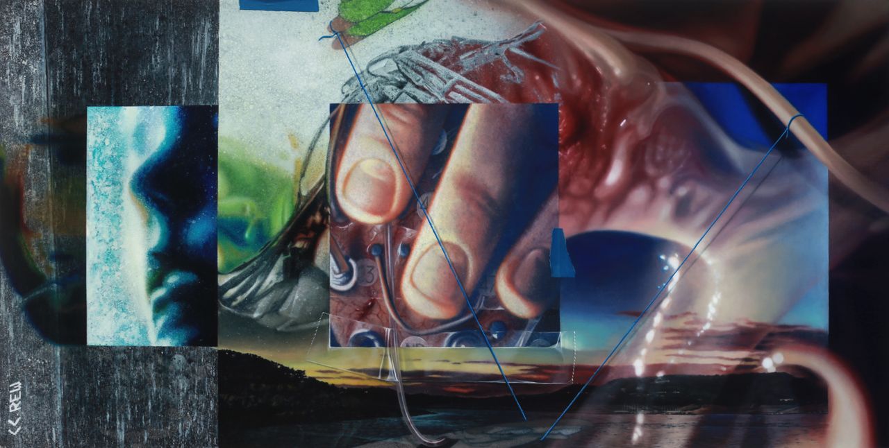 A layered painting combines fleshy red forms, mechanical components, blue cords, glowing landscape fragments, and dark textured blocks with fingers.