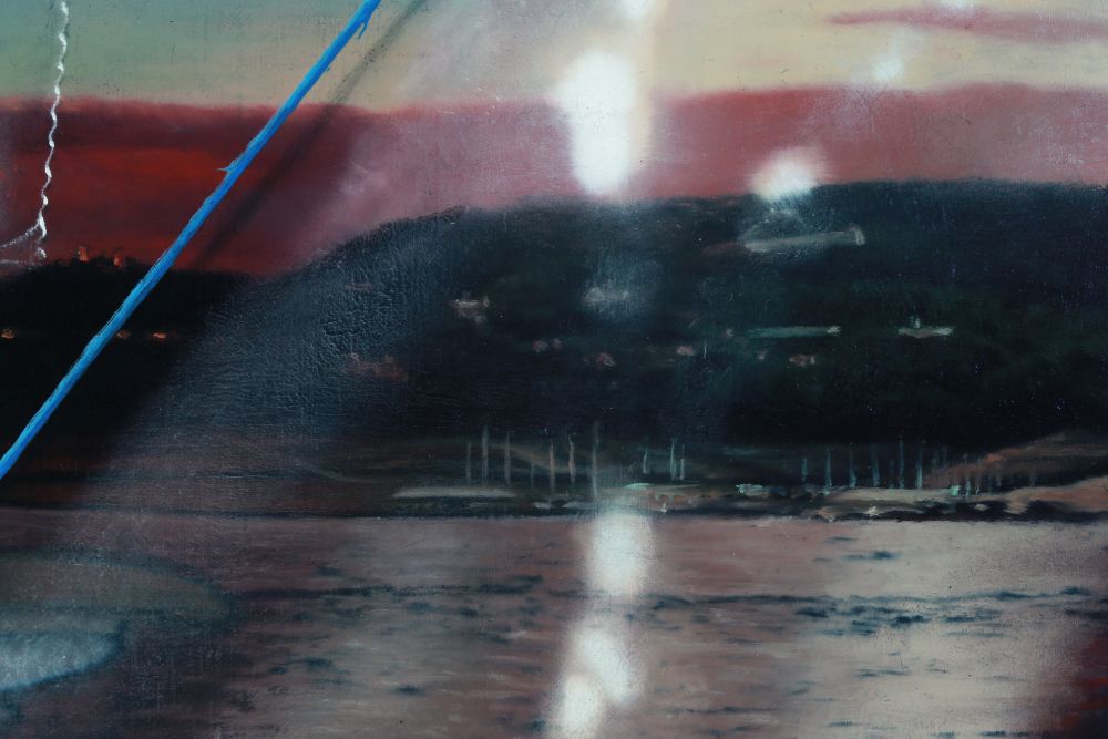 A blurred dark landscape beneath a reddish sky reflects pale lights on water, crossed by a vivid blue diagonal line.