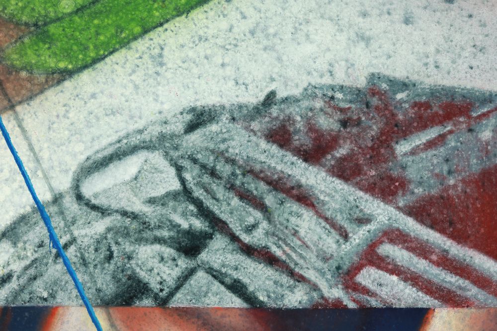 Mottled gray elongated forms overlap red angular shapes on a pale ground, crossed by a blue diagonal beneath a bright green corner.