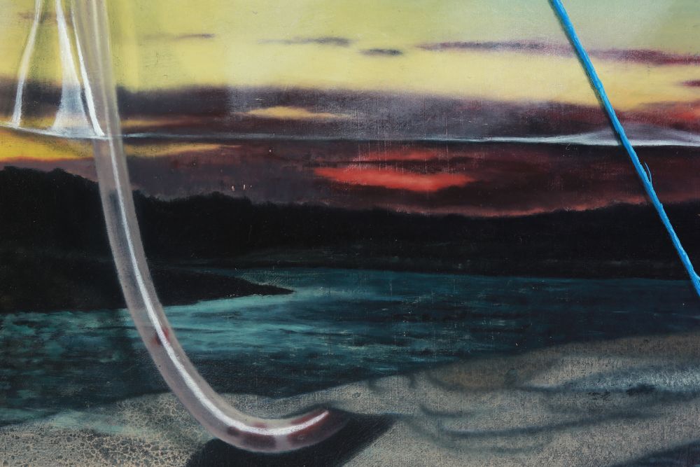 Dark waters and silhouetted shoreline beneath a yellow-red sky are crossed by transparent curved tubing and a taut diagonal blue cord.