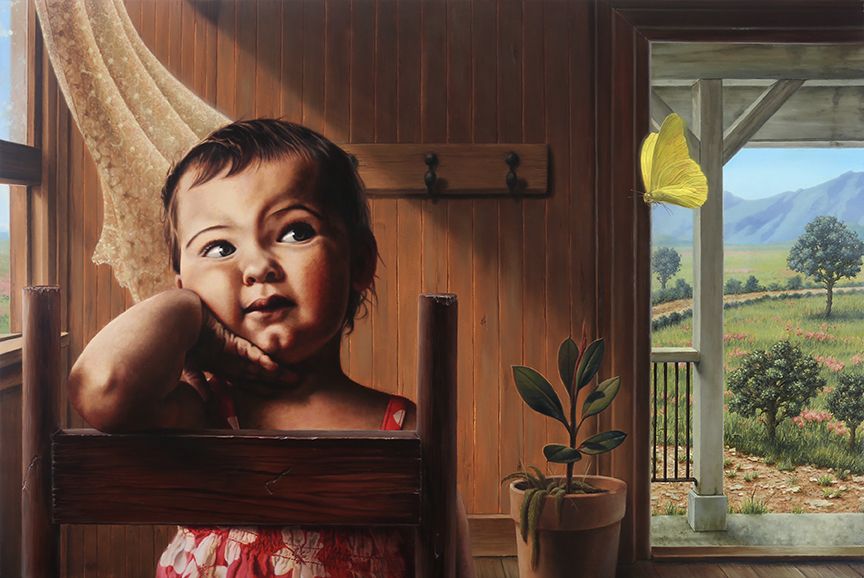 A toddler rests their chin on one hand in a wooden chair as a yellow butterfly hovers beside an open doorway overlooking fields and mountains.