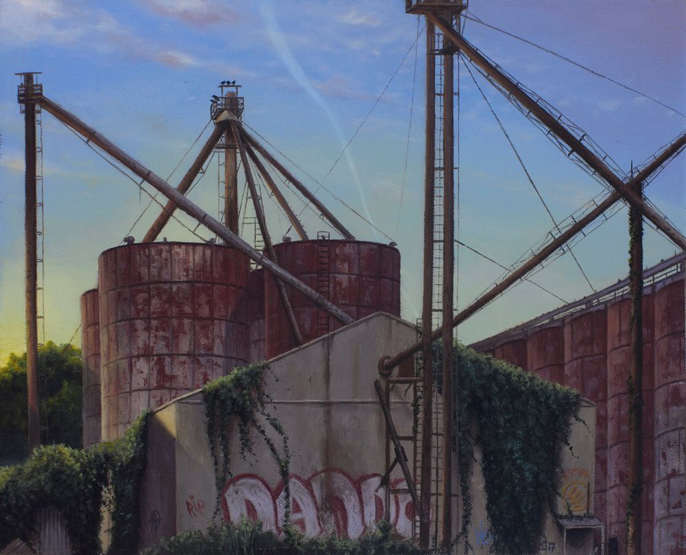 Oil painting of rust-red industrial silos, towering conveyors and cables above graffiti-covered buildings draped in dense green vines.