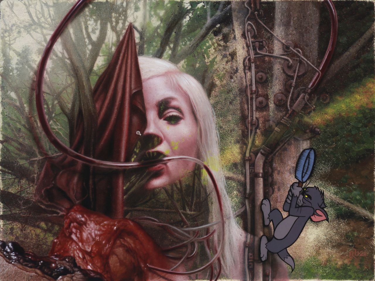 A pale, blond-haired face amid looping tubes, dark red drapery, forest foliage, mechanical panels, and a small cartoon cat holding a blue frying pan