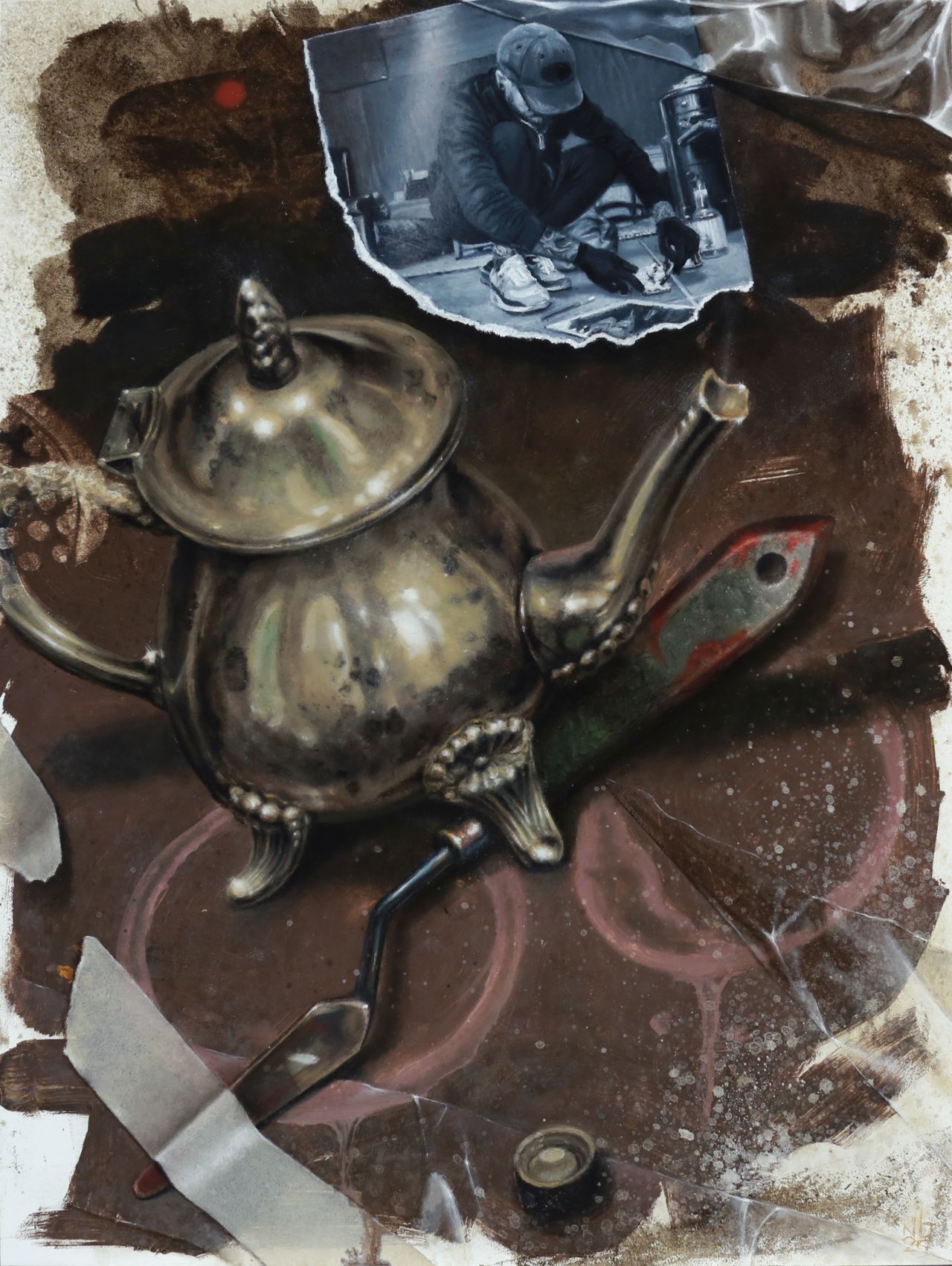 Still life tea pot trompe l'oeil sharp focus realism oil painting by Nick Baxter in Austin Texas