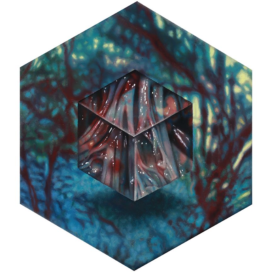 Hexagonal painting with a central faceted cube containing glossy red and blue fleshy tendon folds, surrounded by mottled teal, yellow, and burgundy blurry forest forms.