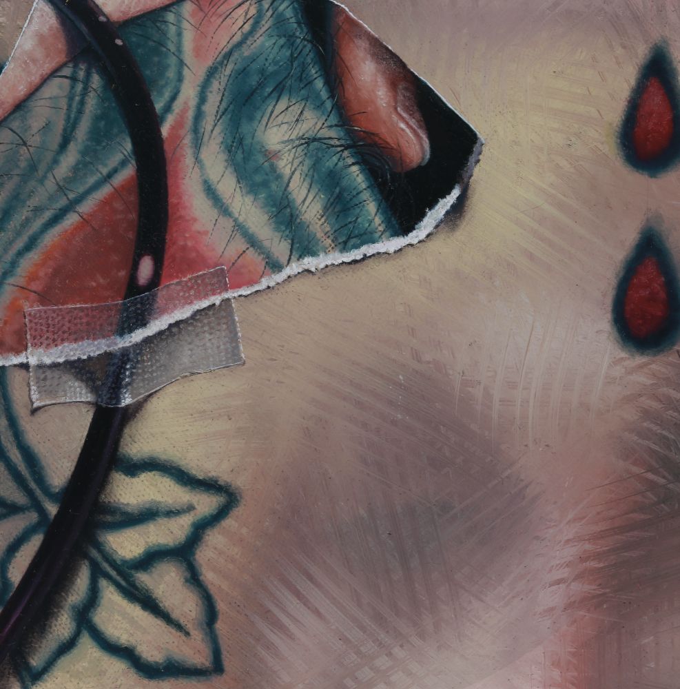 Close detail of an abstract painting with teal and coral organic forms, black curves, red droplets, and translucent tape-like shapes.