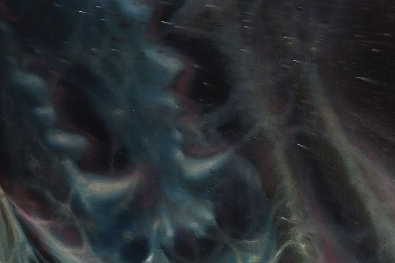 Close detail of blurred, skull-like forms in deep blue, black, grey, and muted red, crossed by diagonal streaks.