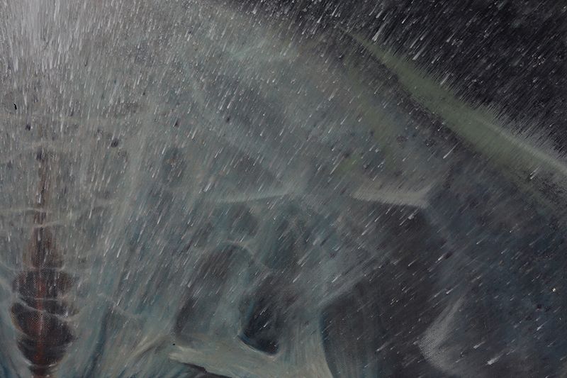 Close detail of a dark blue-grey painting with dense diagonal white streaks obscuring abstract angular forms and a segmented shape.