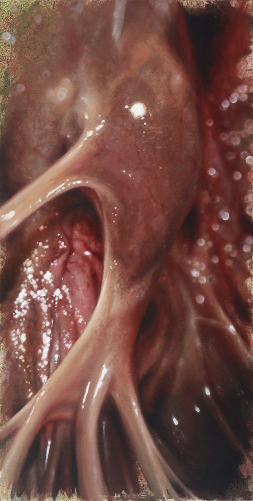 oil painting of a visceral glistening tumor like growth internal anatomy with fleshy surfaces and tendons postmodern grotesque by nick baxter in austin texas