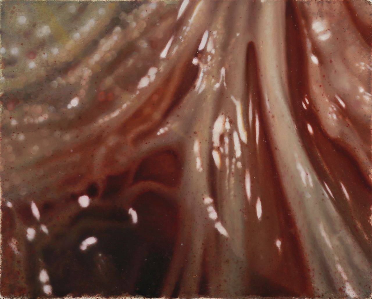 Abstract close-up of glossy, folded fleshy tendon forms in muted flesh tones and deep red-brown, punctuated by bright white highlights.