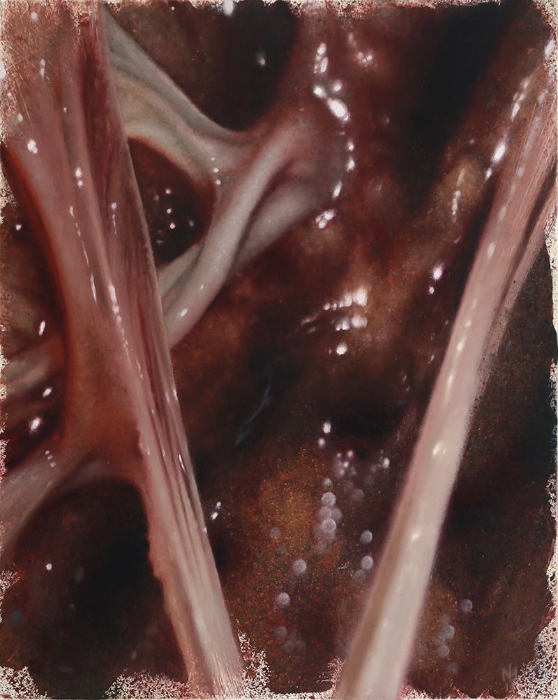 Close-up abstract painting of glossy reddish-brown organic flesh forms crossed by pale branching strands of tendon, with scattered white highlights and rough edges.