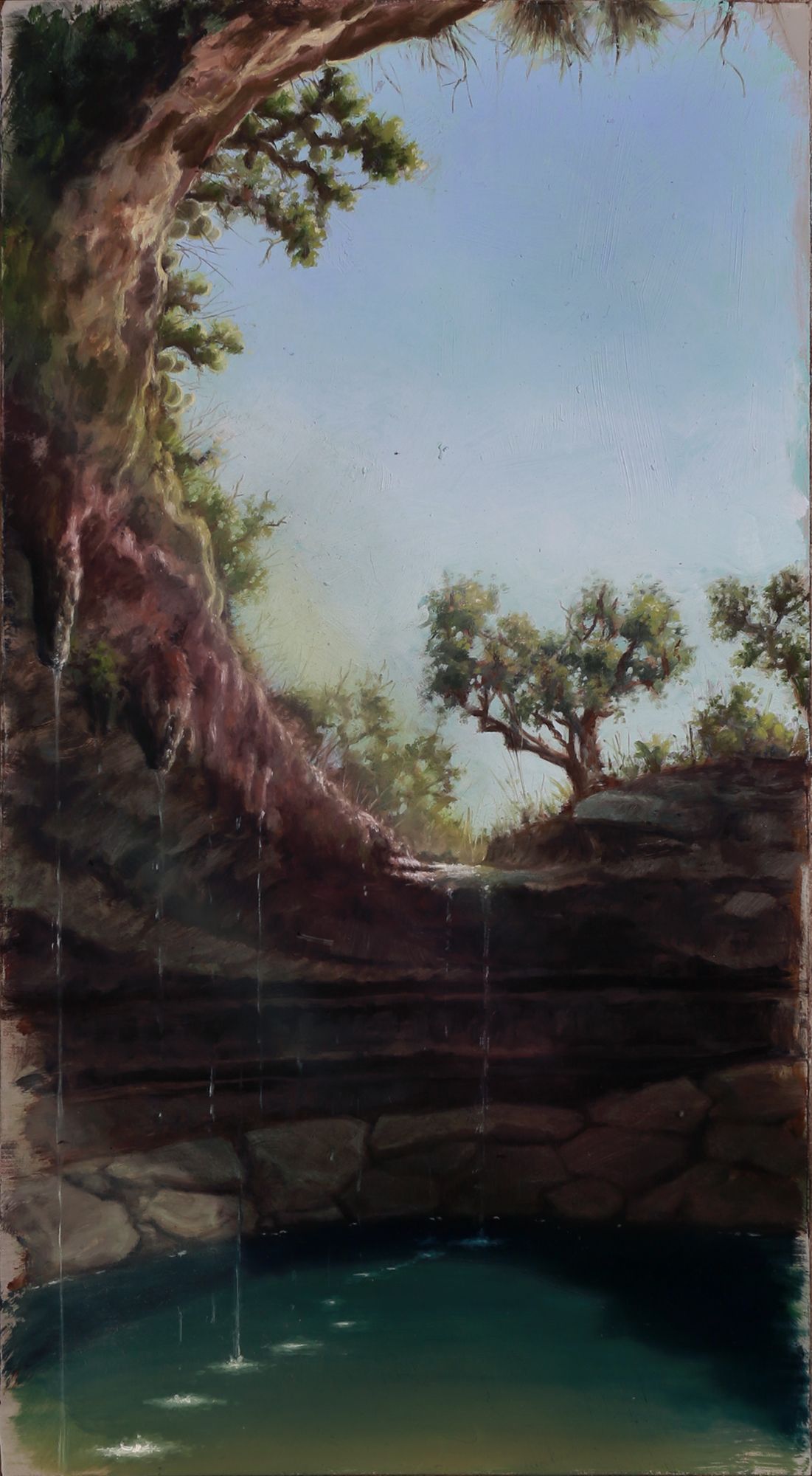 Vertical painting of a turquoise pool beneath dark rock ledges, framed by an overhanging cliff, sparse trees, and pale blue sky.
