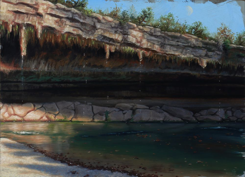 realistic oil painting of hamilton pool preserve featuring a view of the water pool with cliff overhang and dripping moss by nick baxter in austin texas